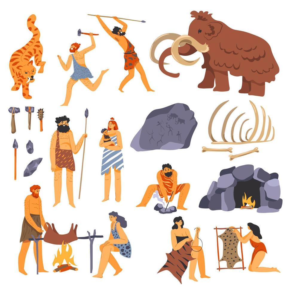 Primitive culture, neanderthal people and mammoth vector