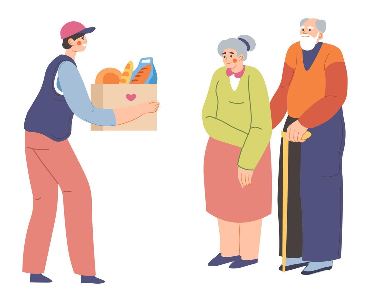 Volunteer helping senior people, food delivery vector