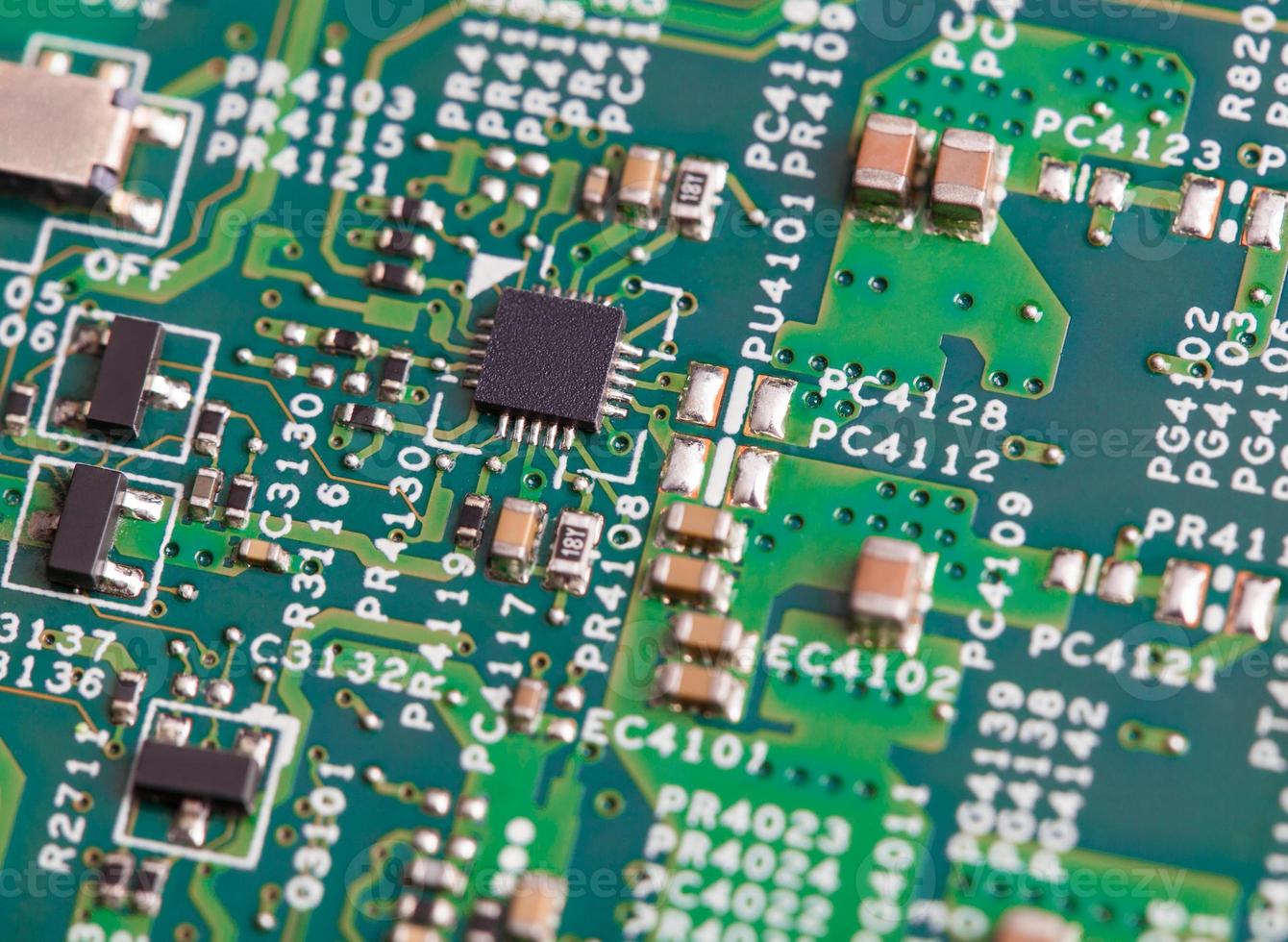 Close up of electronic components on the motherboard, microprocessor chip photo