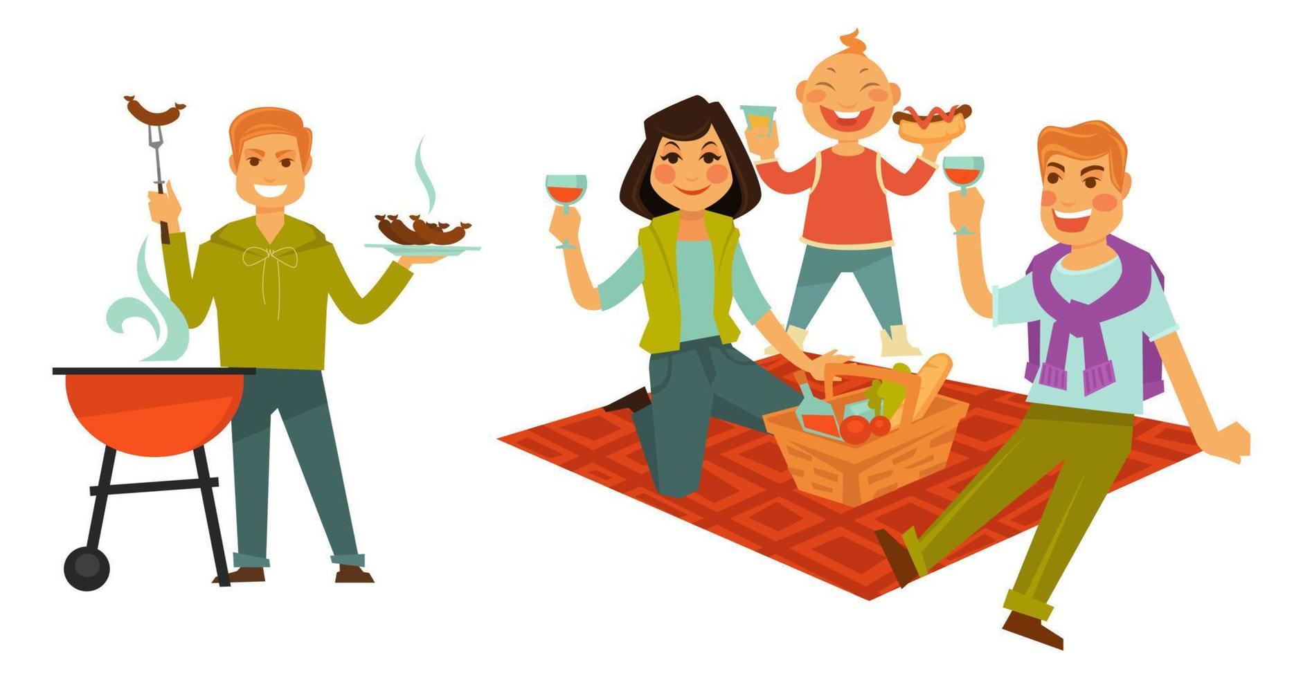 Picnic and barbeque outdoors, family gathering vector