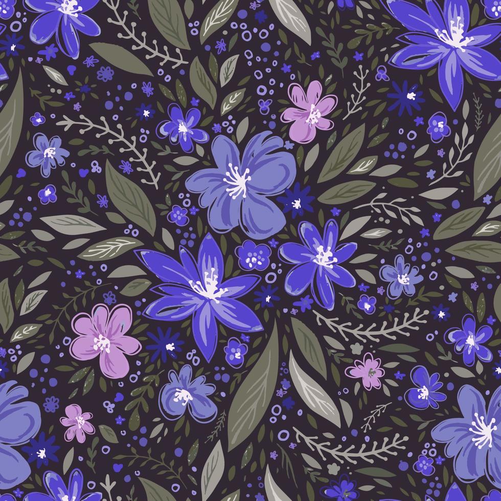 Blooming flowers and leaves, seamless pattern vector