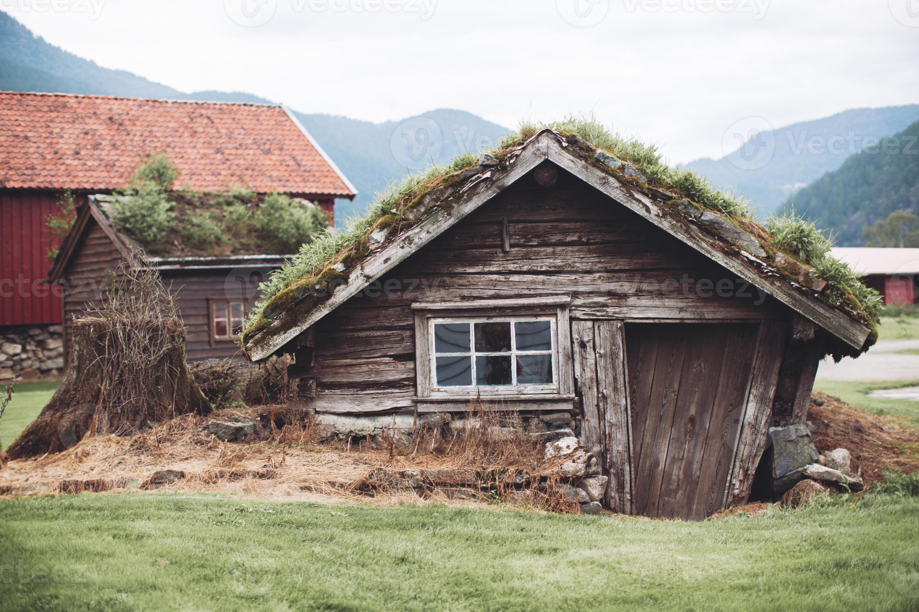 Norway, traditional houses in the mountains with grass on the roof