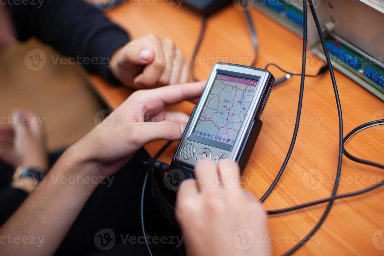 engineers work with electrical measuring devices photo