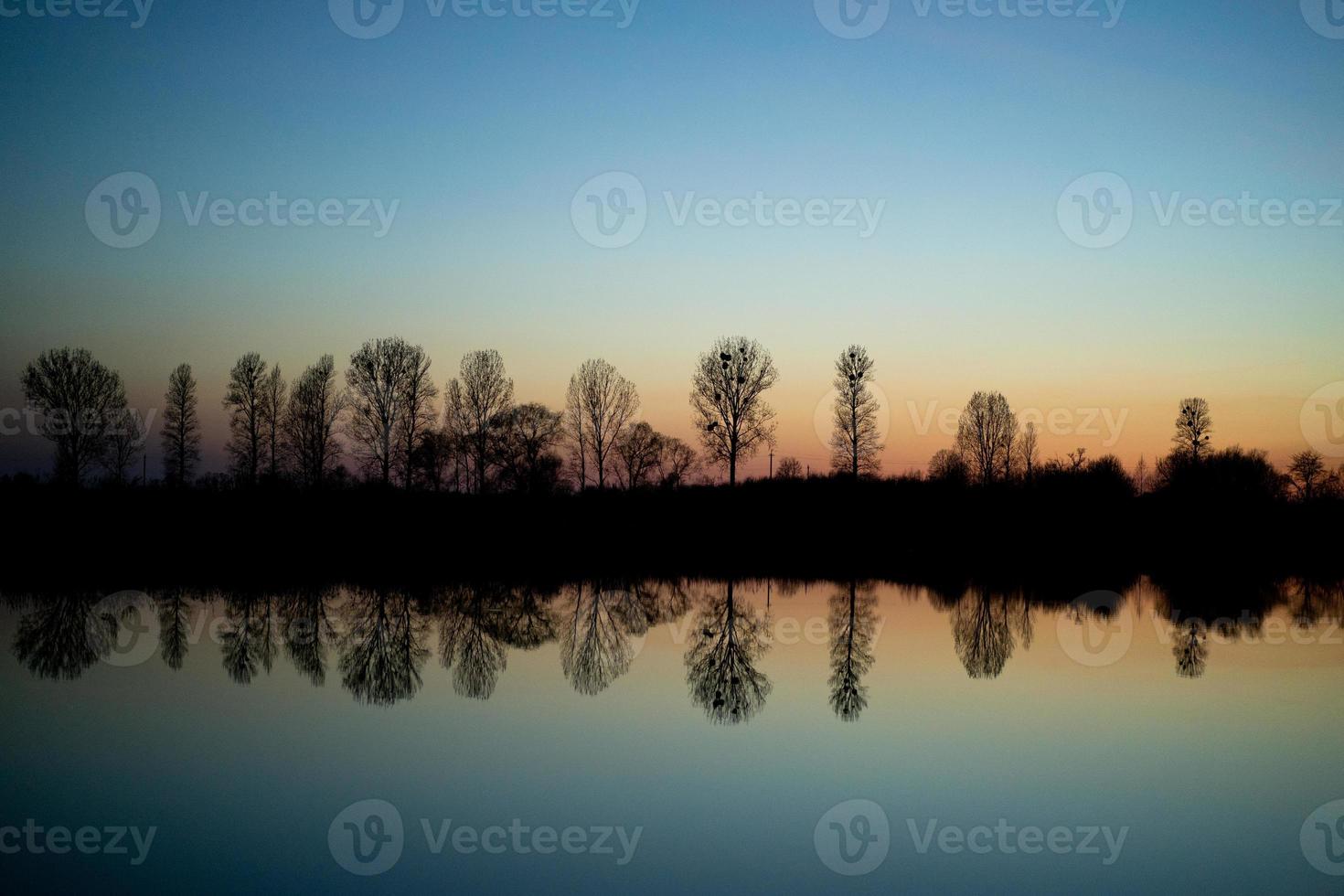 silhouette and reflection of trees by the lake at sunset photo
