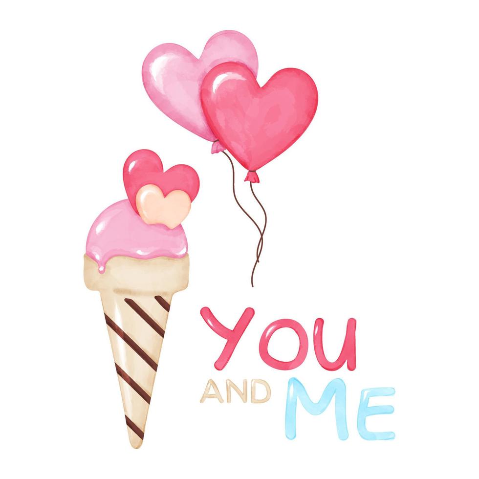 Valentine's Day Vector Set. Pink Valentine's Day design objects set for cards, banners or posters. Ice cream with hearts, balloons and the phrase Me and You in watercolor style.