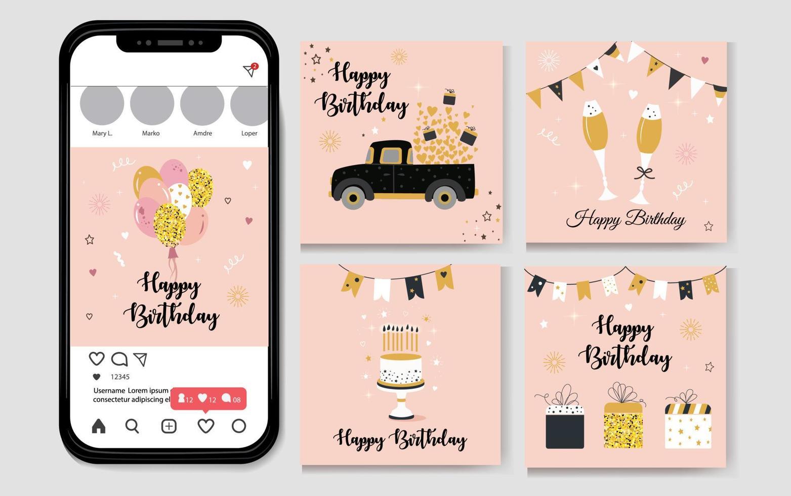 Happy Birthday Party Social Media Post Template Flat Cartoon Background Vector Illustration