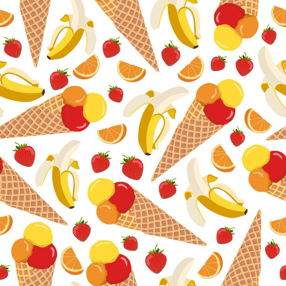 Ice cream desserts seamless pattern. Frozen and cold. Summer time. Banana, orange flavors. Isolated on white background. Print, textile, fabric, wrapping paper. Three scoops of ice cream. Waffle. vector