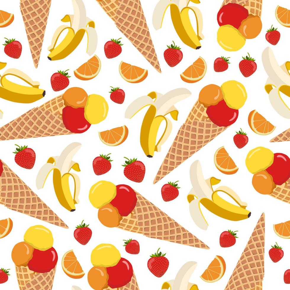 postres helados de patrones sin fisuras. congelado y frío. Hora de verano. plátano, naranja sabores. aislado sobre fondo blanco. impresión, textil, tela, papel de regalo. tres bolas de helado. gofre. vector