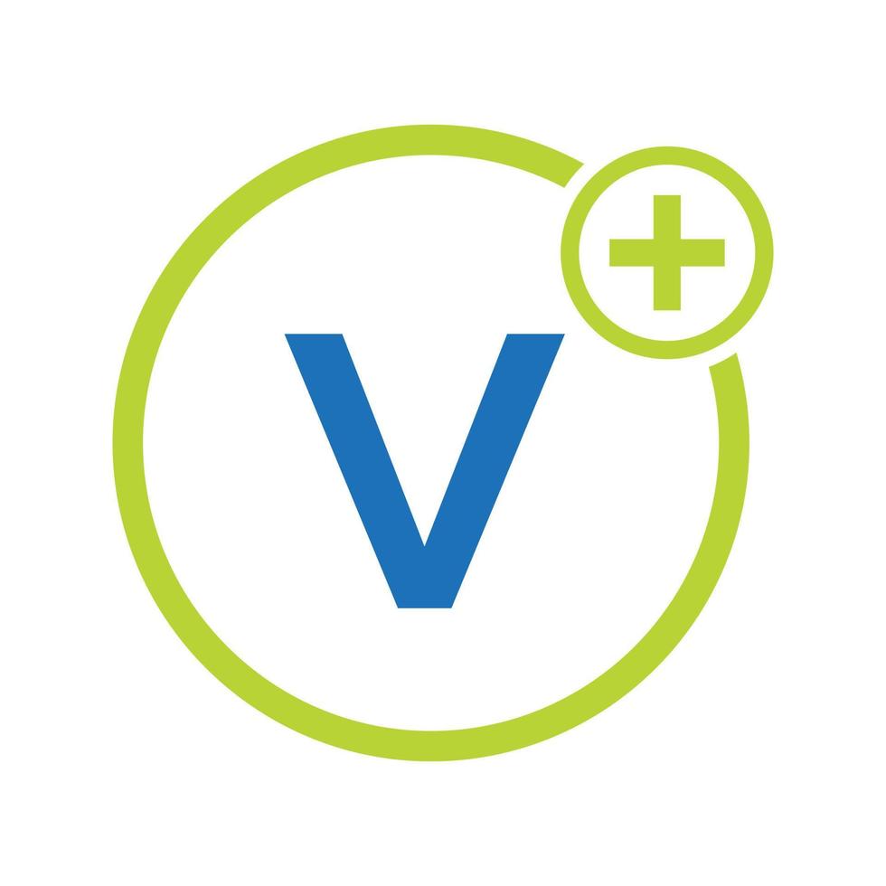 plantilla de logotipo médico de símbolo de atención médica de letra v. logotipo de médicos con signo de estetoscopio vector