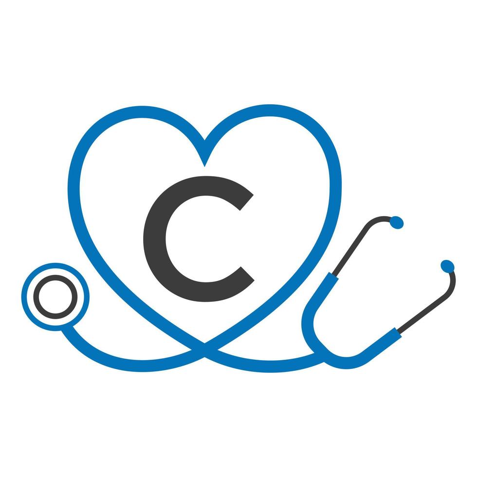 Medical Logo on Letter C Template. Doctors Logo with Stethoscope Sign Vector