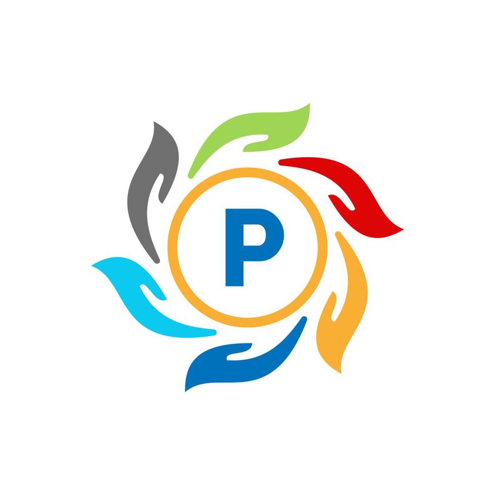 letra p logotipo de caridad cuidado de manos y logotipo de fundación, símbolo de unidad vector