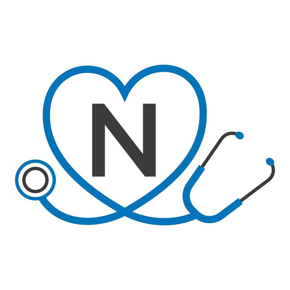 logotipo médico en la plantilla de la letra n. logotipo de médicos con vector de signo de estetoscopio