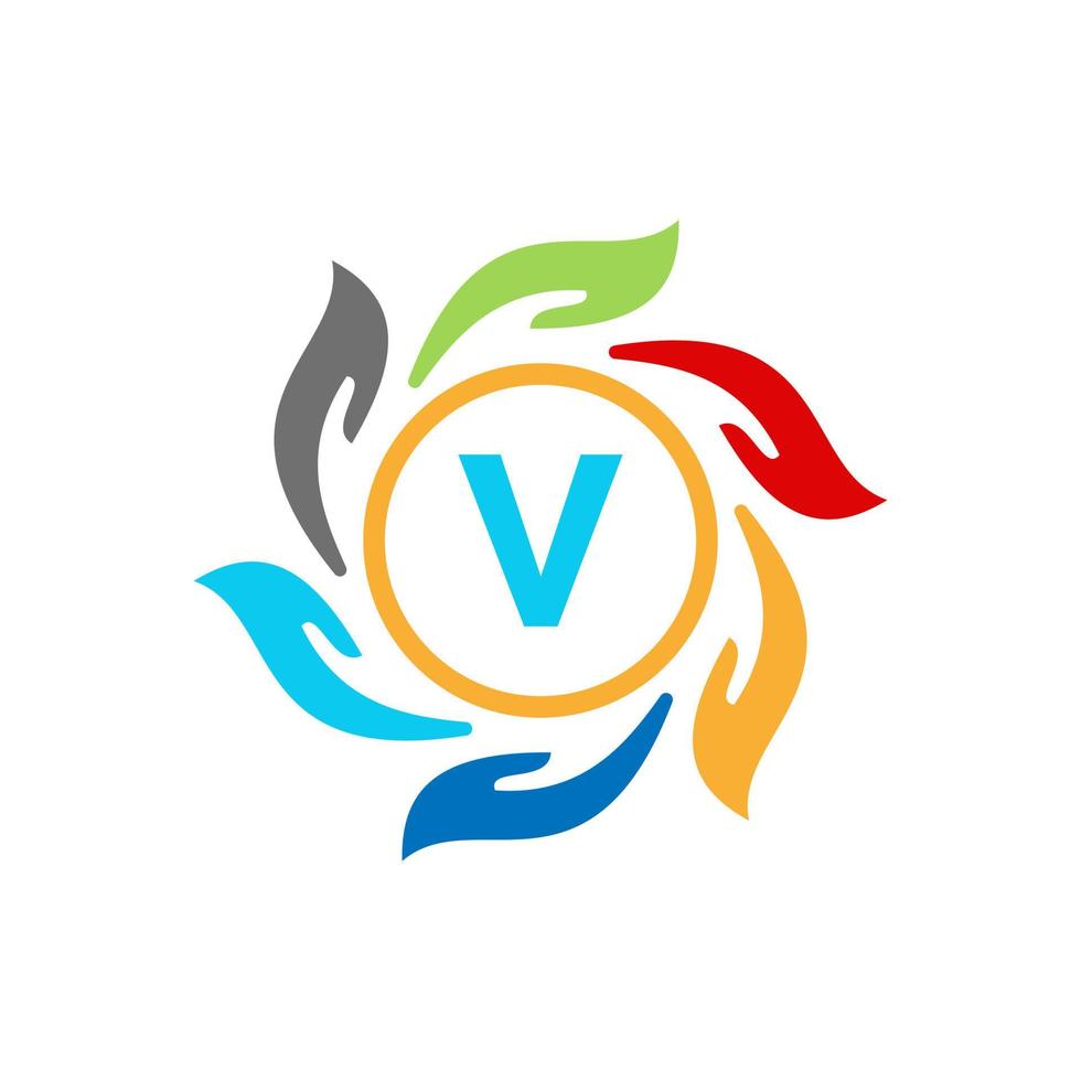 letra v logotipo de caridad cuidado de manos y logotipo de fundación, símbolo de unidad vector