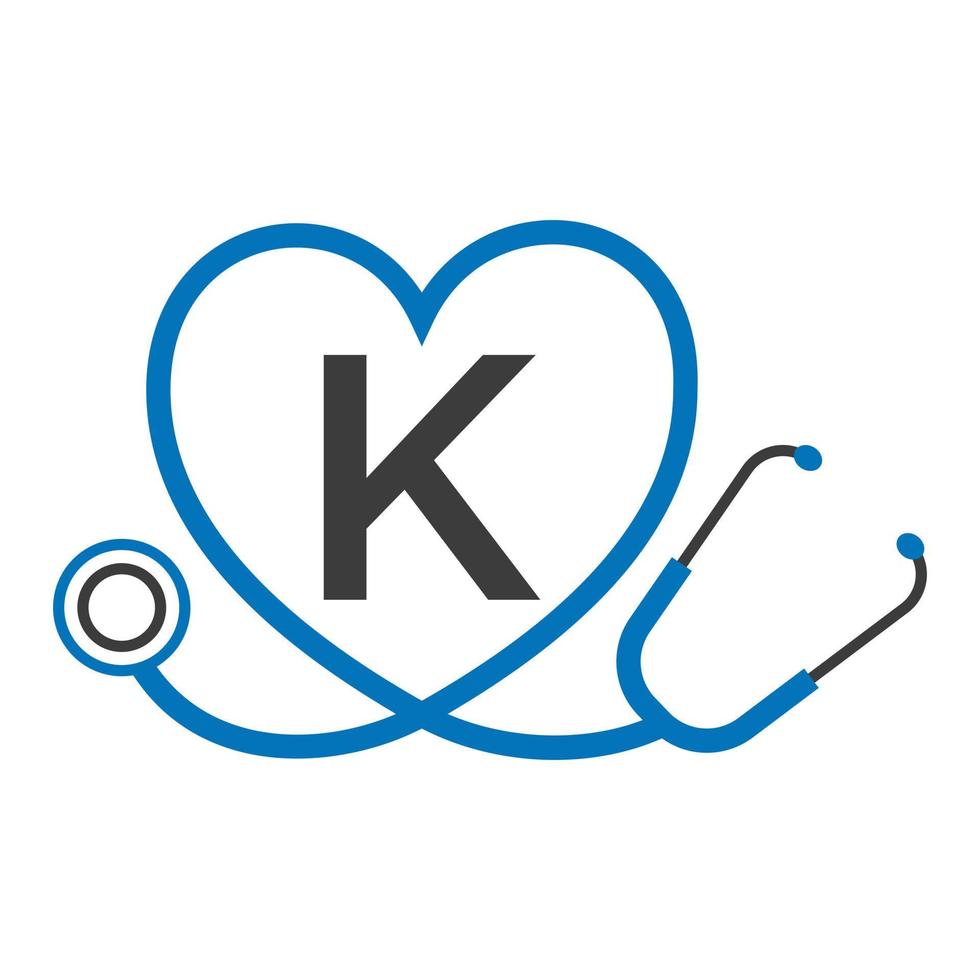 logotipo médico en la plantilla de letra k. logotipo de médicos con vector de signo de estetoscopio