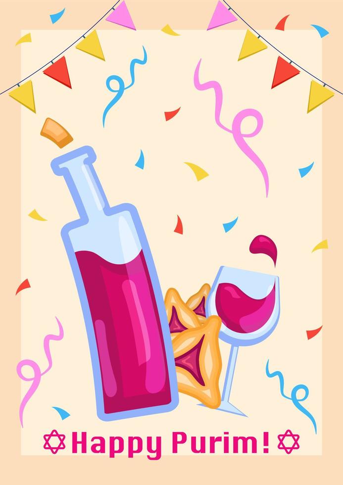 Afiche festivo de Purim con vino tinto vectorial, galletas hamantaschen y confeti, pancarta de fiesta para la festividad judía de Purim, afiche de celebración. vector