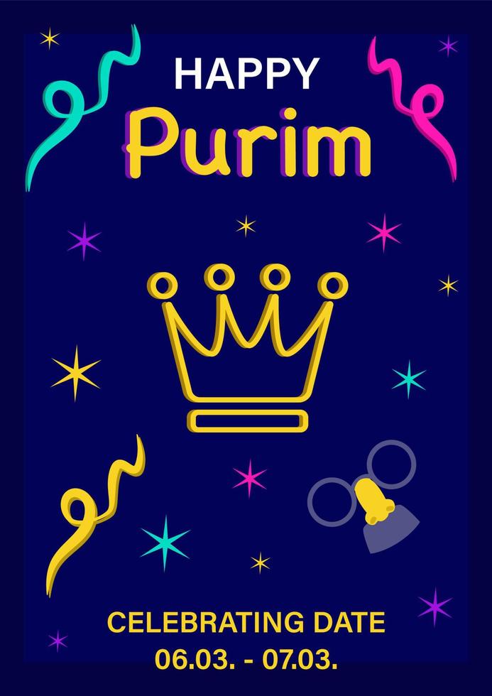 Purim party poster with crown and funny mustache mask, text, confetti and decorative stars, vector banner, invitation, template, greeting card.