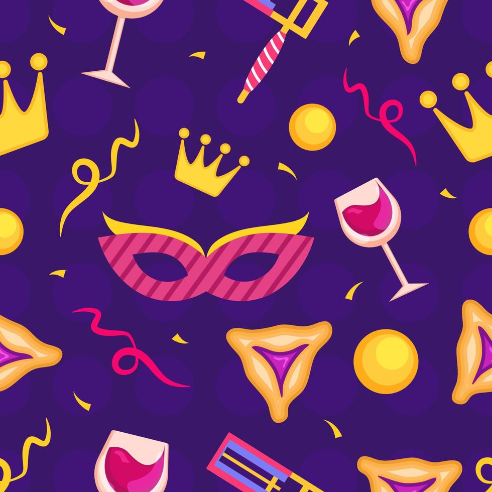 Seamless pattern with Purim holiday elements, masks, wine glasses, hamantaschen, crowns and confetti. vector