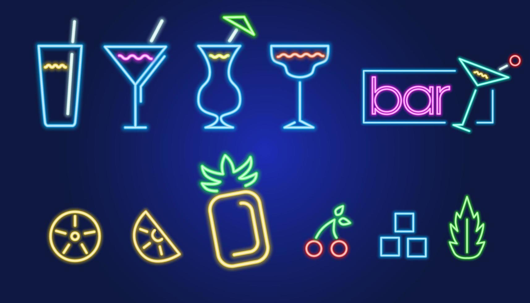 Group of vector neon icons with bar glasses and fruits, bar neon signs and symbols, oranges, pineapple, cherry, glass with cocktails, mint and ice.