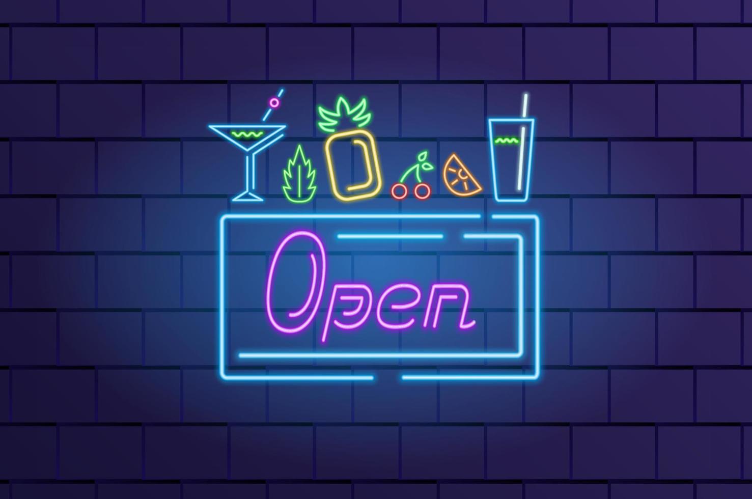 Open bar neon sign with neon drinking glass, pineapple and fruits on a brick wall, neon art, glowing electric light symbol, vector elements.