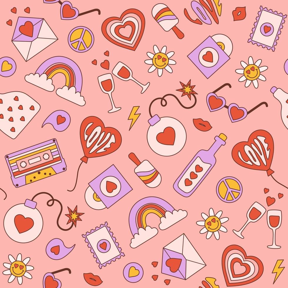 Groovy romantic seamless pattern in trendy retro 60s 70s cartoon style. Vector background in pastel colors.