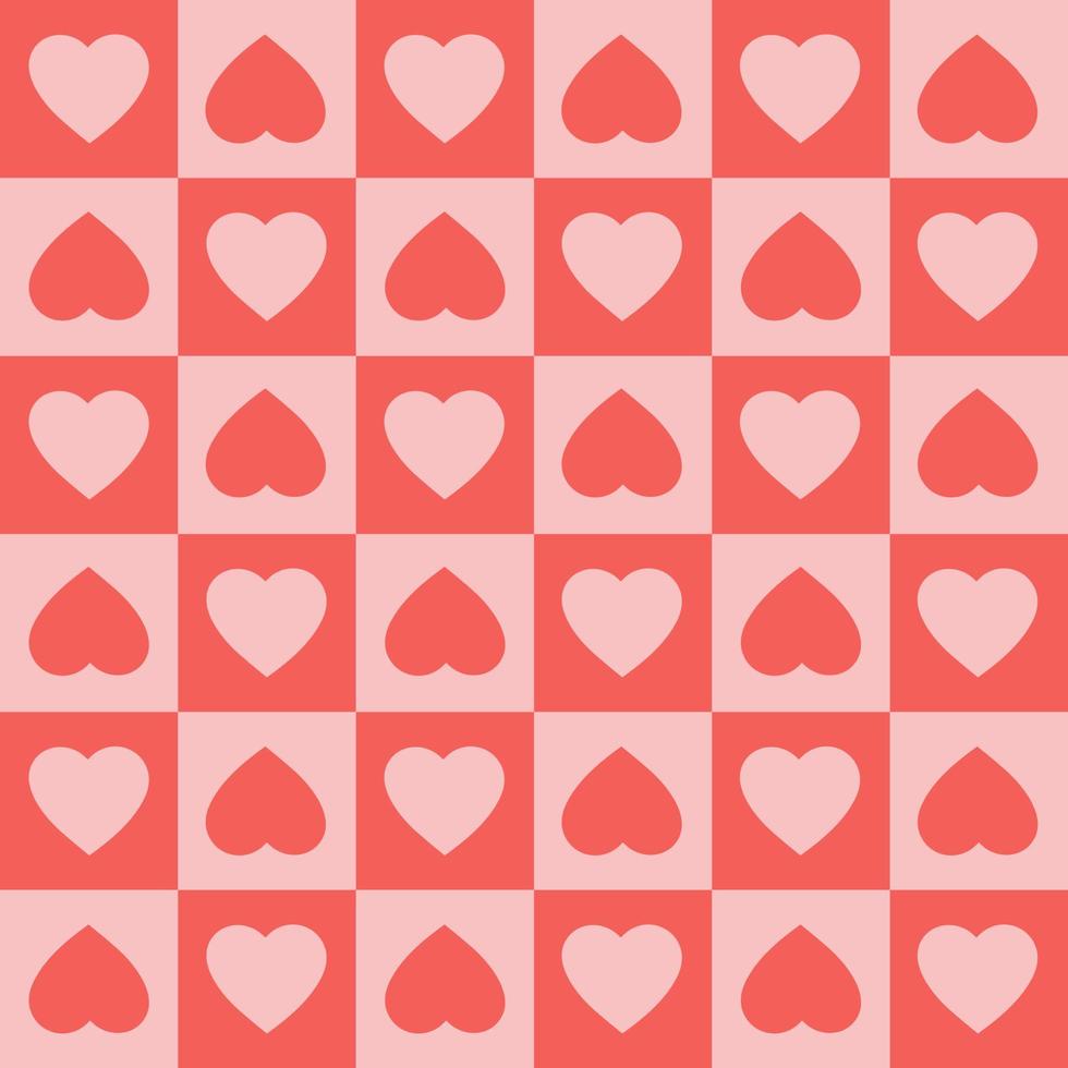 Monochrome seamless pattern with hearts on a checkered background. Modern retro illustration for decoration. Aesthetic vector print in style 60s, 70s.