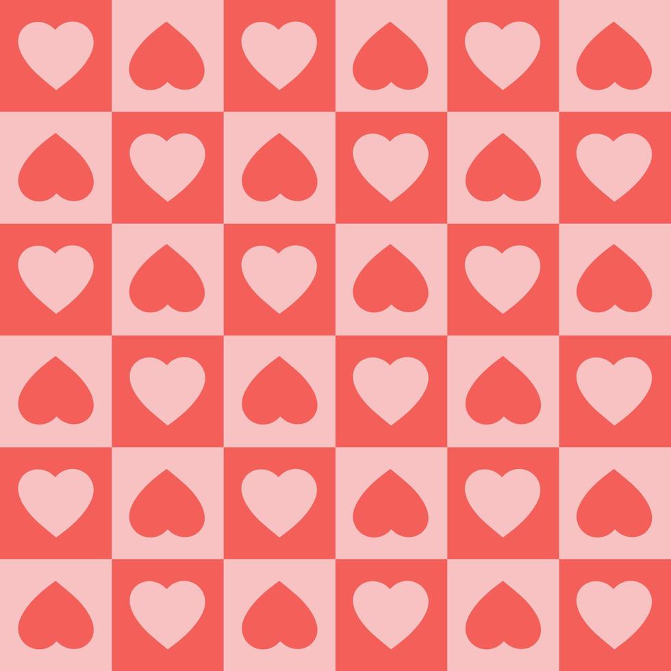 monocromo de patrones sin fisuras con corazones sobre un fondo a cuadros. ilustración retro moderna para la decoración. impresión vectorial estética al estilo de los años 60, 70. vector