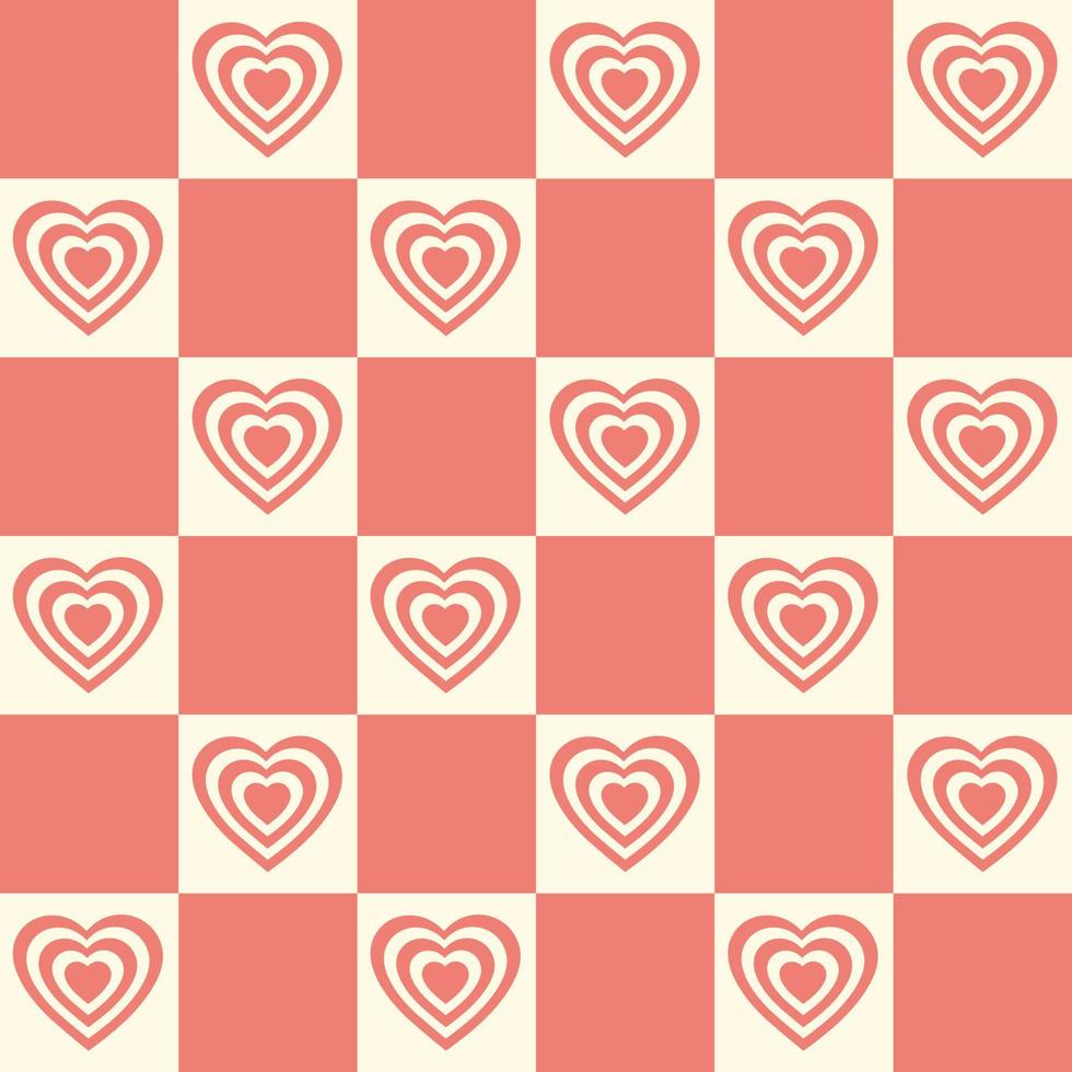 Monochrome seamless pattern with hearts shaped tunnel on a checkered background. Modern retro hippie illustration for decoration. Aesthetic vector print in style 60s, 70s
