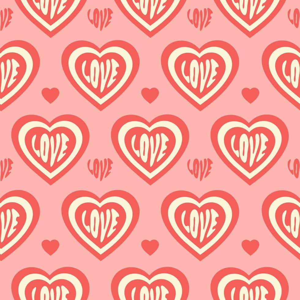 Retro groovy hearts seamless pattern. Romantic print for Valentine's day decoration in style 60s, 70s. Trendy vector illustration. Pastel colors