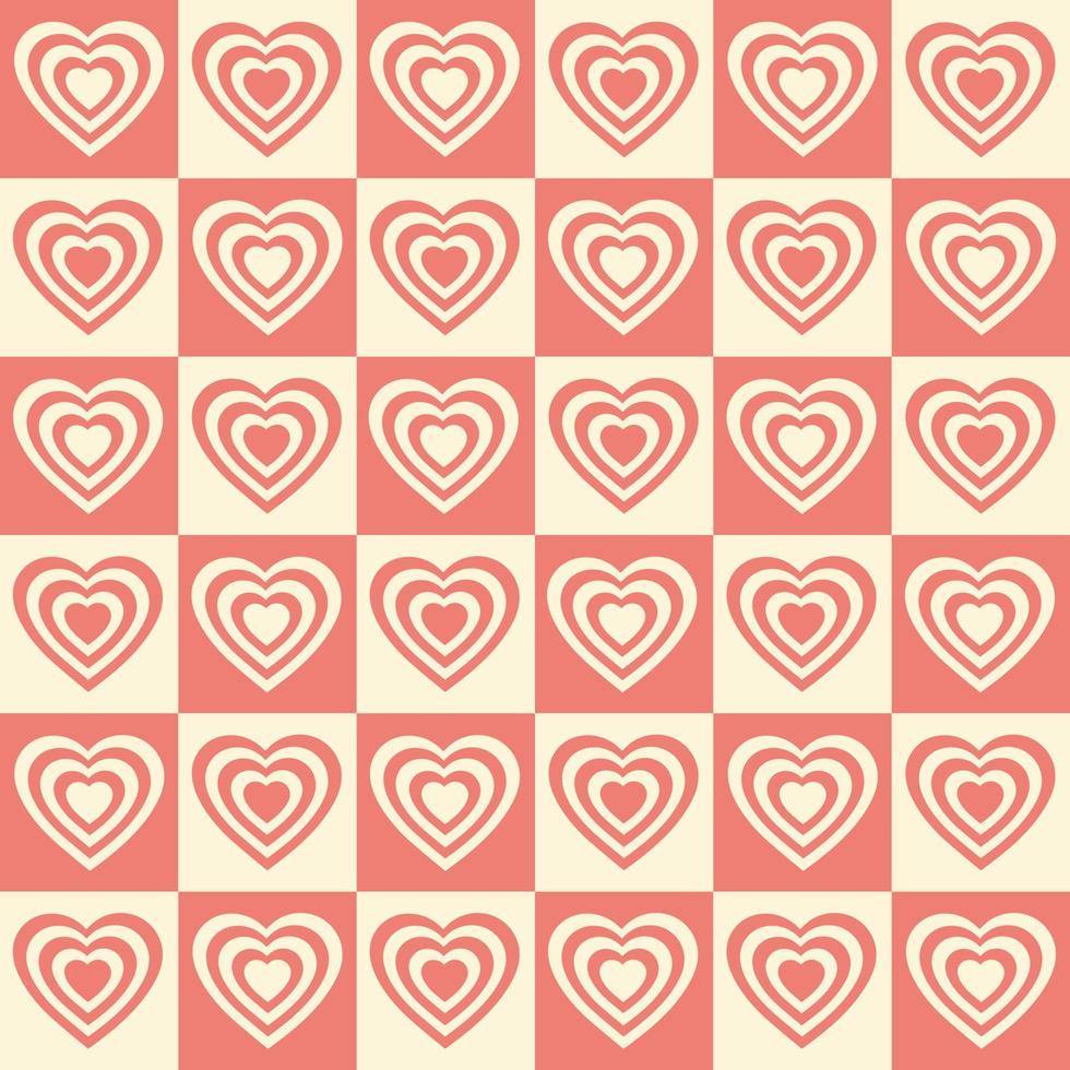 patrón monocromático sin costuras con túnel en forma de corazones sobre un fondo a cuadros. ilustración hippie retro moderna para la decoración. impresión vectorial estética en estilo años 60, 70 vector