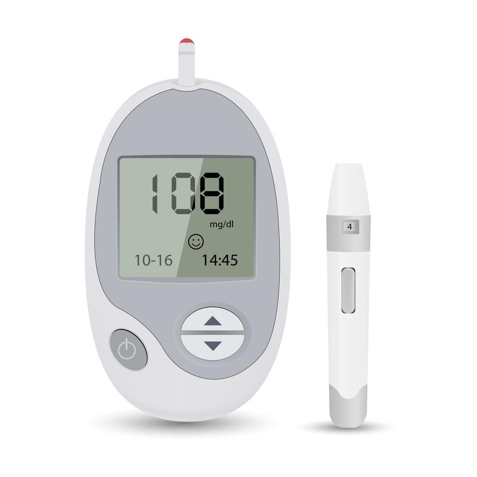 glucómetro y jeringa para el control de la diabetes del azúcar con espacio de copia aislado en blanco vector