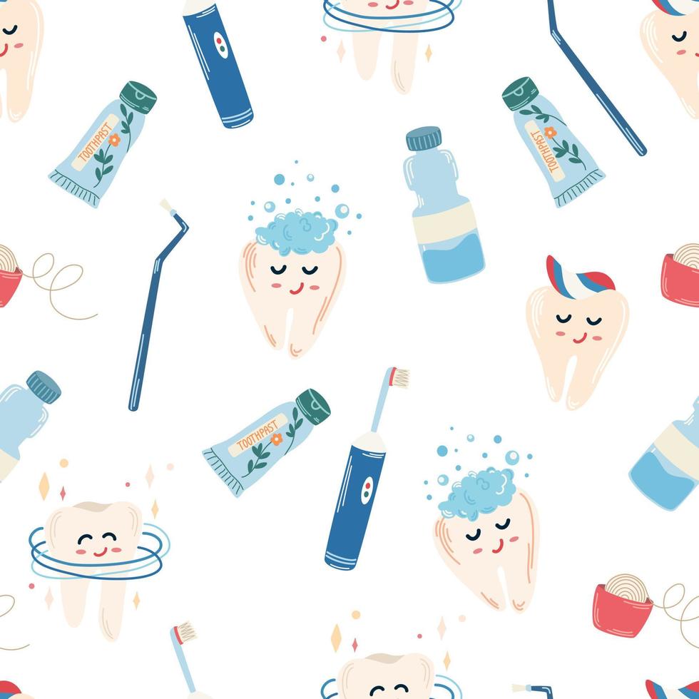 Cleaning teeth seamless pattern. Set of teeth cleaning, toothpaste, brush, floss, happy teeth. Dental and oral care abstract concept. Cartoon contemporary flat vector illustration
