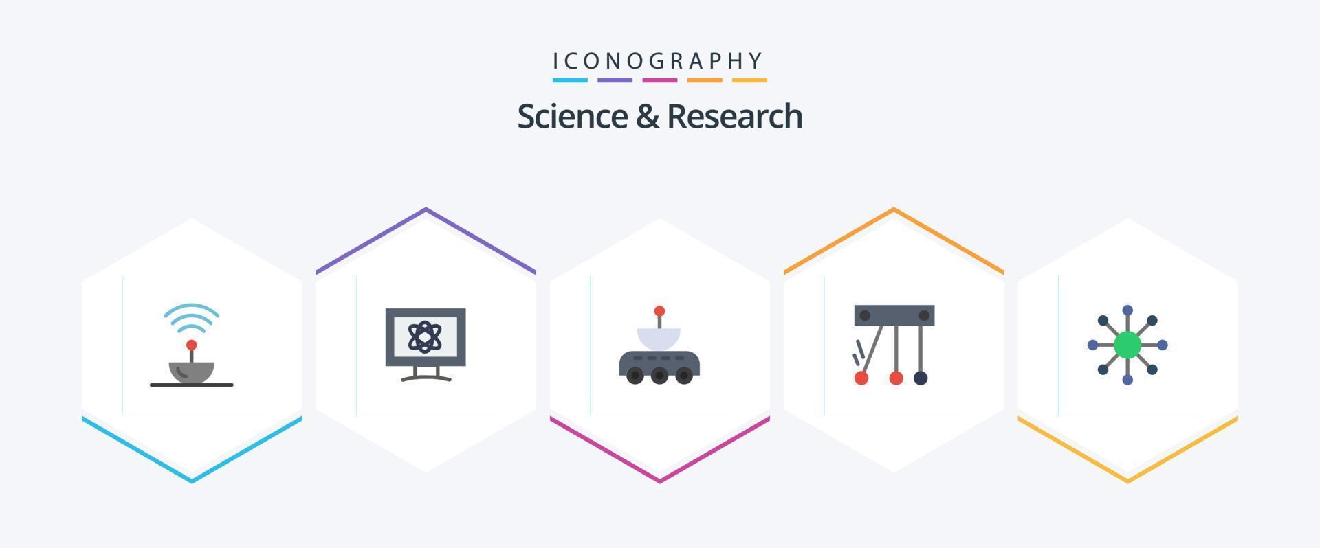 Science 25 Flat icon pack including network. science. space. movement. signal vector