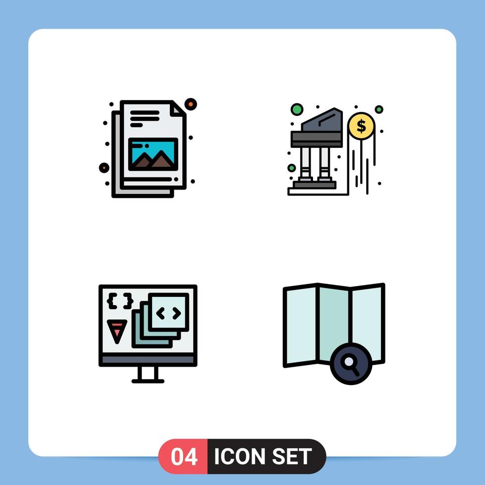 4 concepto de color plano de línea completa para sitios web móviles y documentos de aplicaciones desarrollar programación de dinero bancario elementos de diseño vectorial editables vector