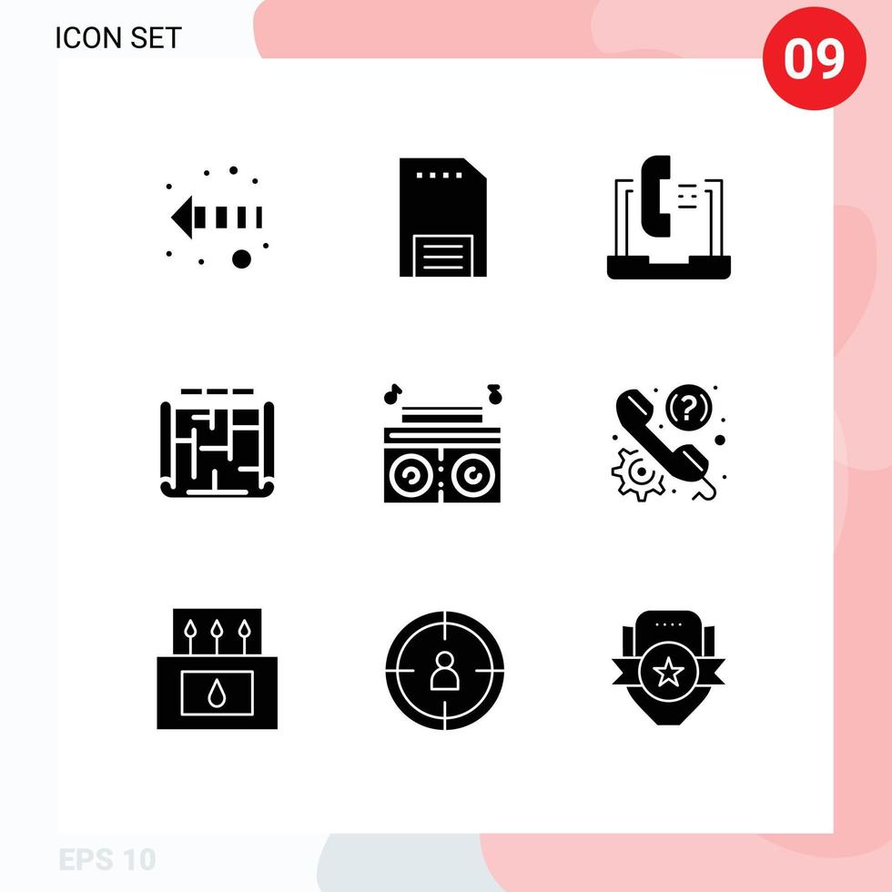 9 Thematic Vector Solid Glyphs and Editable Symbols of music building communication blueprint service Editable Vector Design Elements