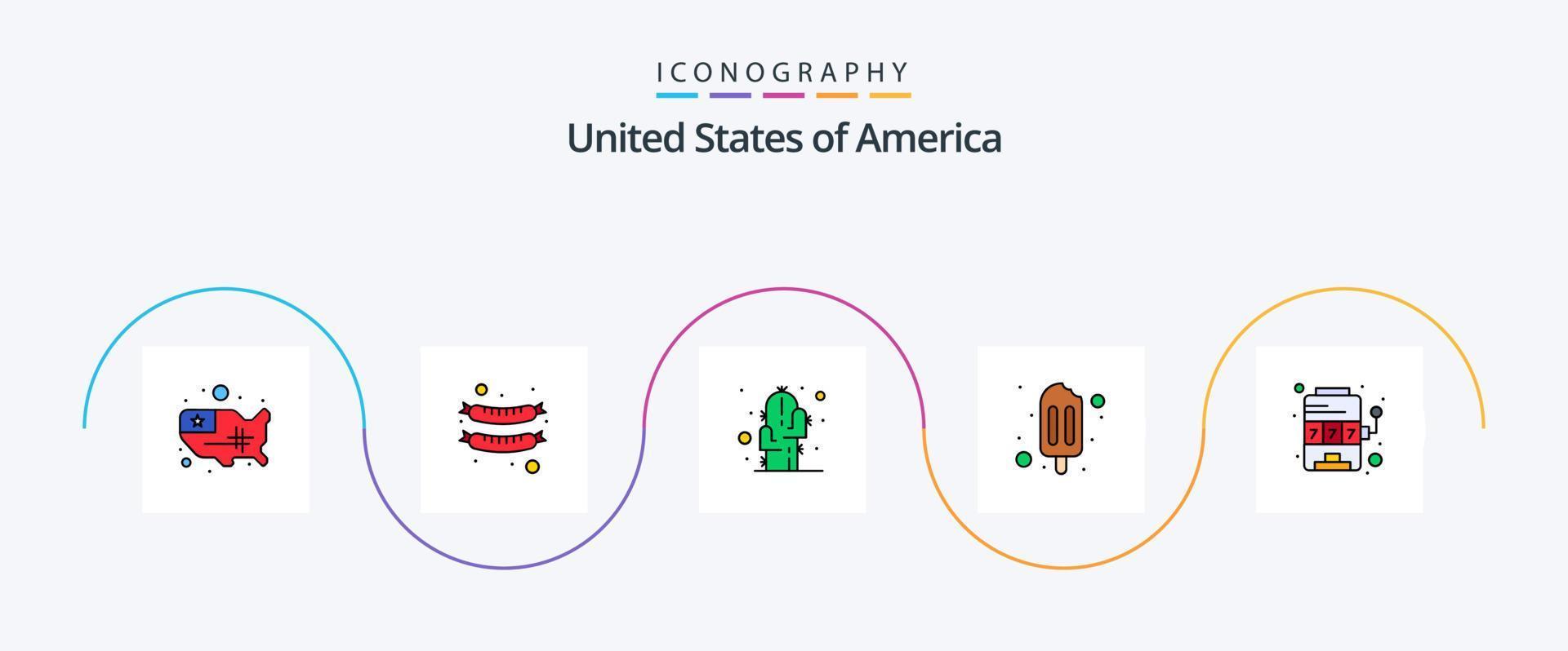 paquete de iconos de 5 planos llenos de línea de EE. UU. que incluye el juego. máquina. flor. casino. paleta de hielo vector
