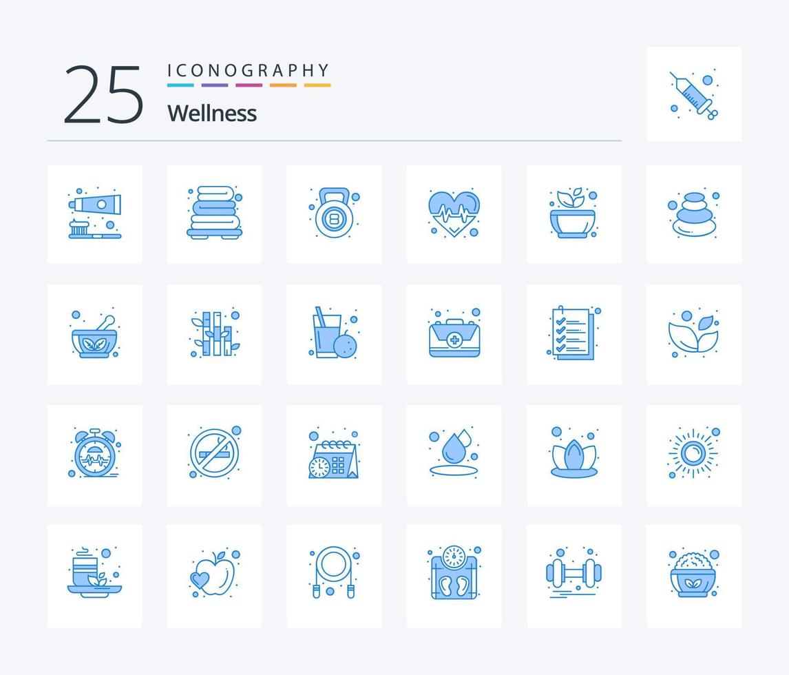 Wellness 25 Blue Color icon pack including calm. grinding. kettle bell. science. beat vector