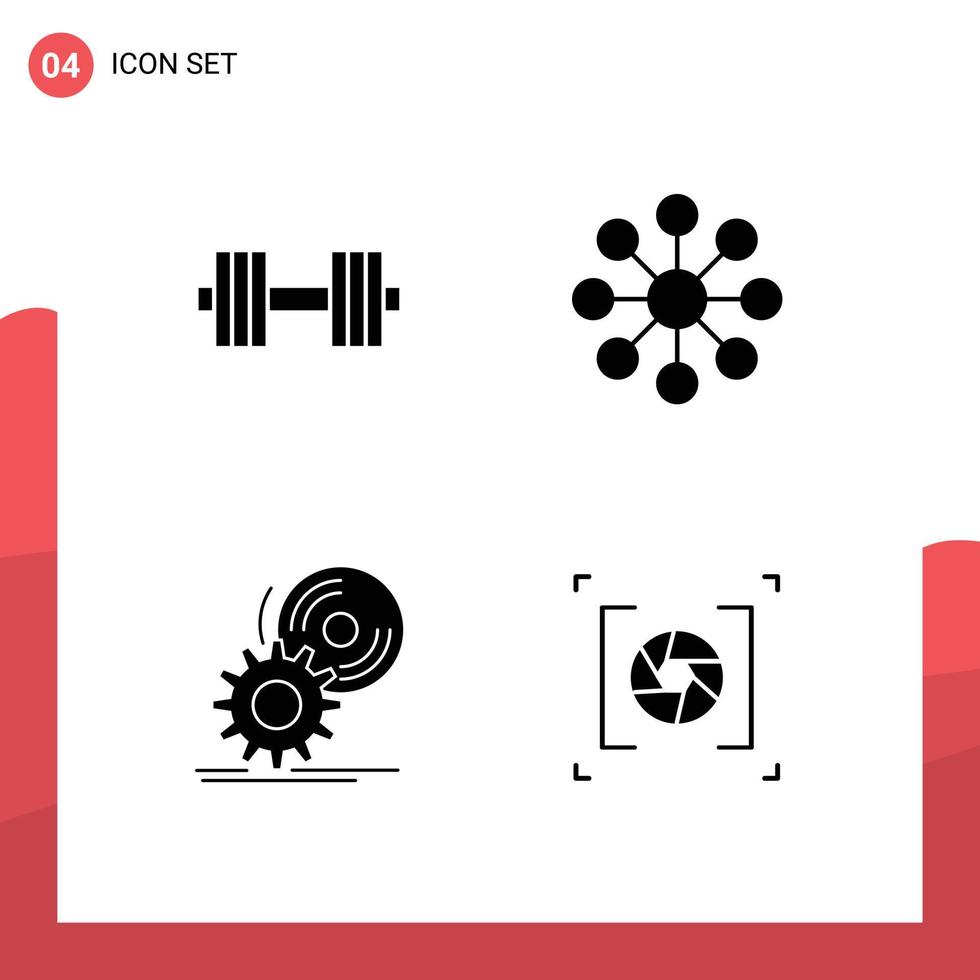 paquete de 4 signos y símbolos modernos de glifos sólidos para medios de impresión web, como elementos de diseño de vectores editables de DVD para compartir peso con mancuernas