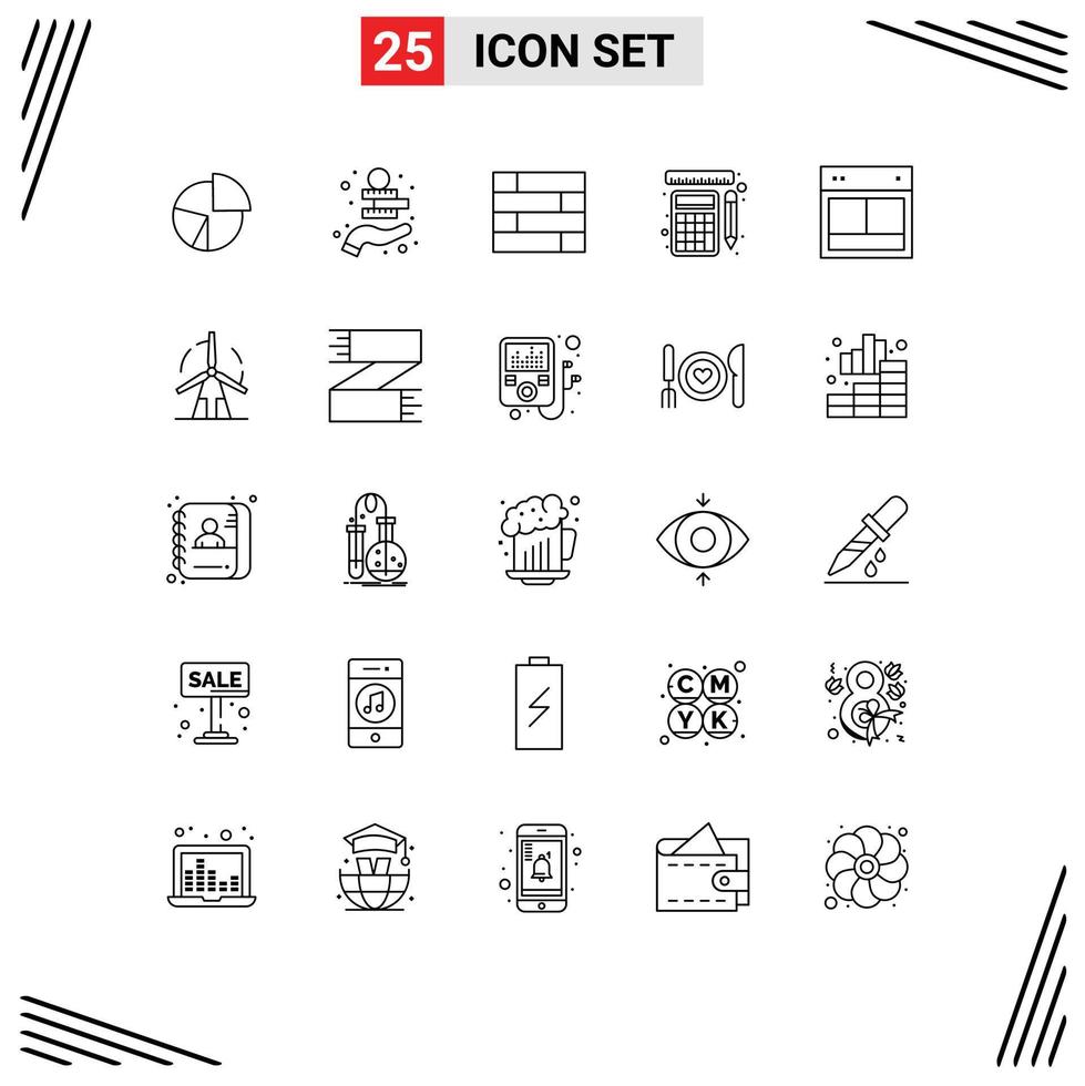Pack of 25 Modern Lines Signs and Symbols for Web Print Media such as calculation tools money measurement protect Editable Vector Design Elements