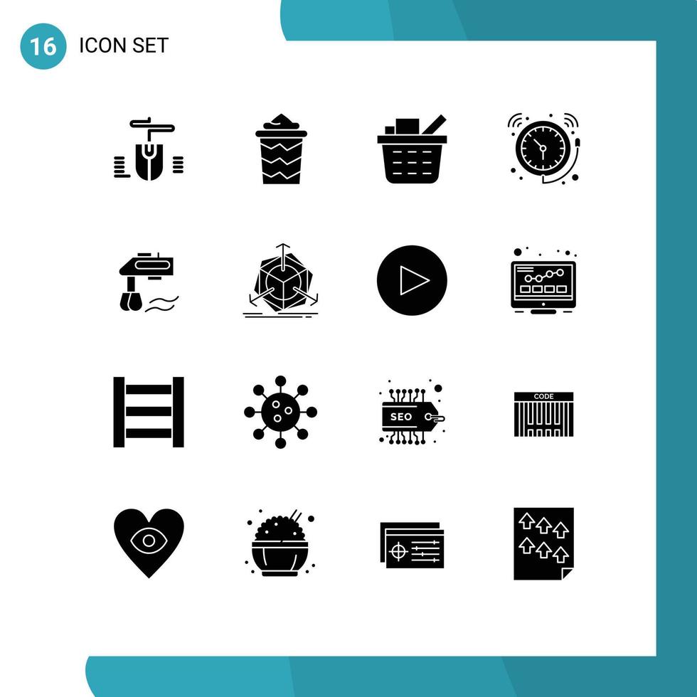 Group of 16 Solid Glyphs Signs and Symbols for manual mixer checkout watch clock Editable Vector Design Elements