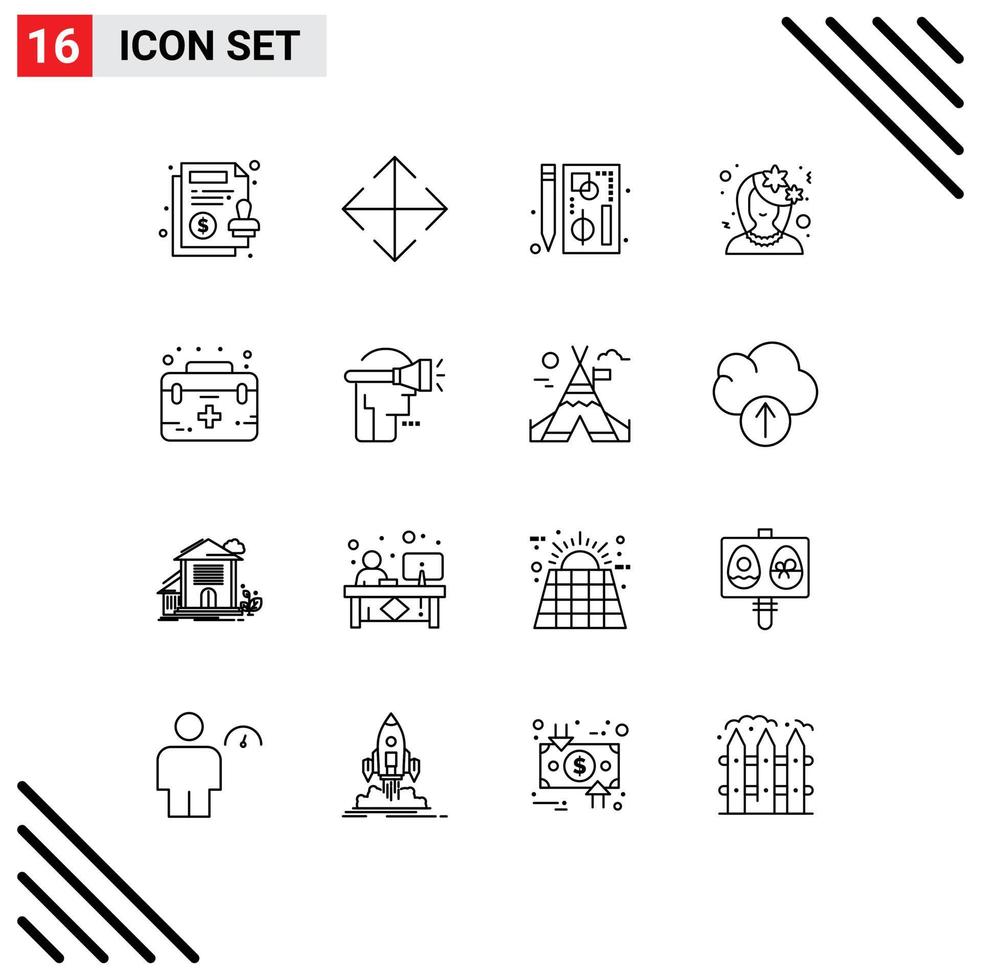 Pack of 16 Modern Outlines Signs and Symbols for Web Print Media such as aid profile chart flower avatar Editable Vector Design Elements