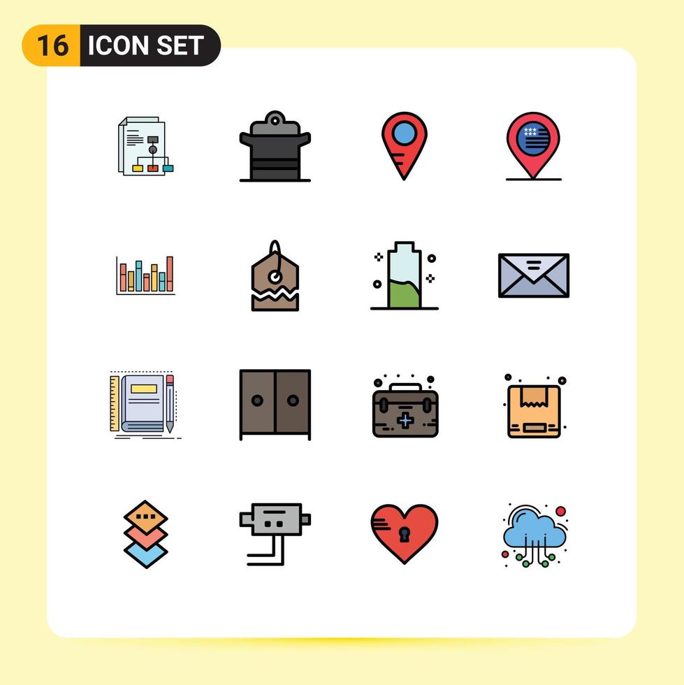 16 líneas universales llenas de colores planos establecidas para aplicaciones web y móviles mapa de macetas de signos de línea elementos de diseño de vectores creativos editables americanos