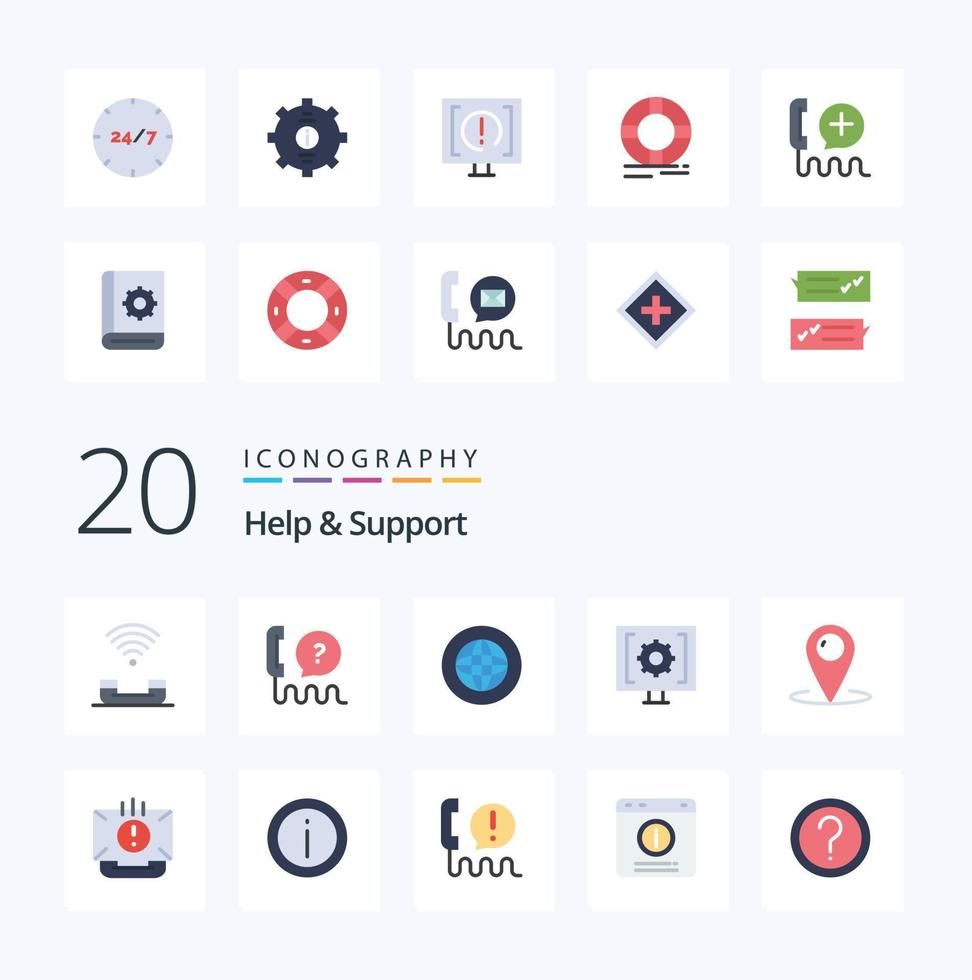 20 paquetes de iconos de color plano de ayuda y soporte como soporte de servicio al cliente durante todo el día global vector