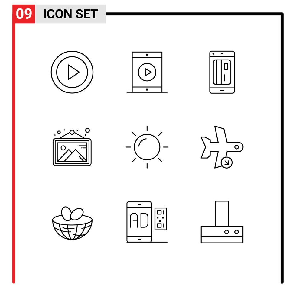 Editable Vector Line Pack of 9 Simple Outlines of photo gallery movie digital cashless Editable Vector Design Elements