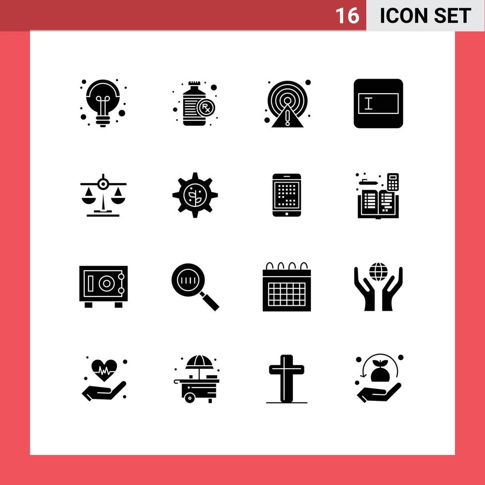 Modern Set of 16 Solid Glyphs and symbols such as law balance alert text field form Editable Vector Design Elements