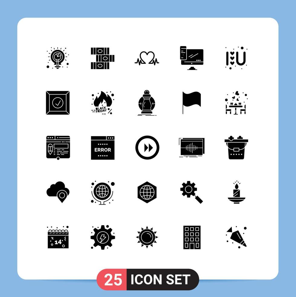 25 Universal Solid Glyphs Set for Web and Mobile Applications heart sign server love pc monitor Editable Vector Design Elements