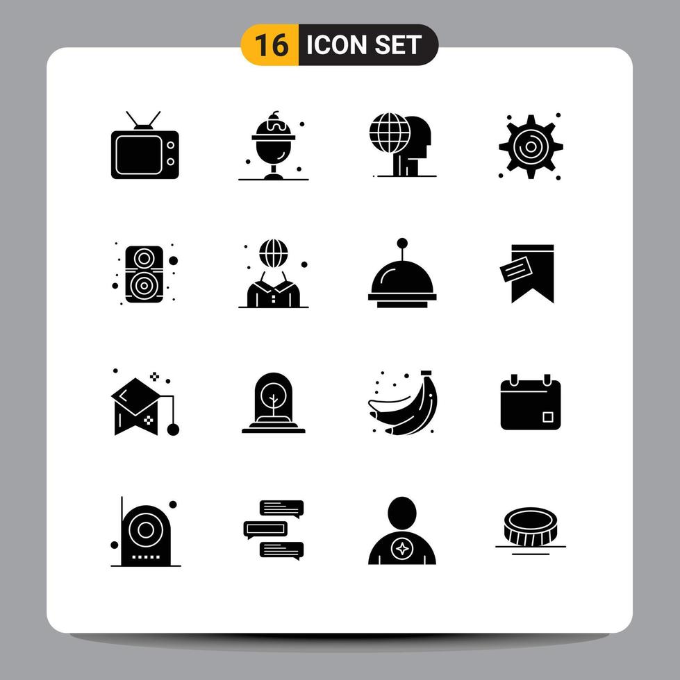 16 Universal Solid Glyphs Set for Web and Mobile Applications sound computer finance settings cogwheel Editable Vector Design Elements