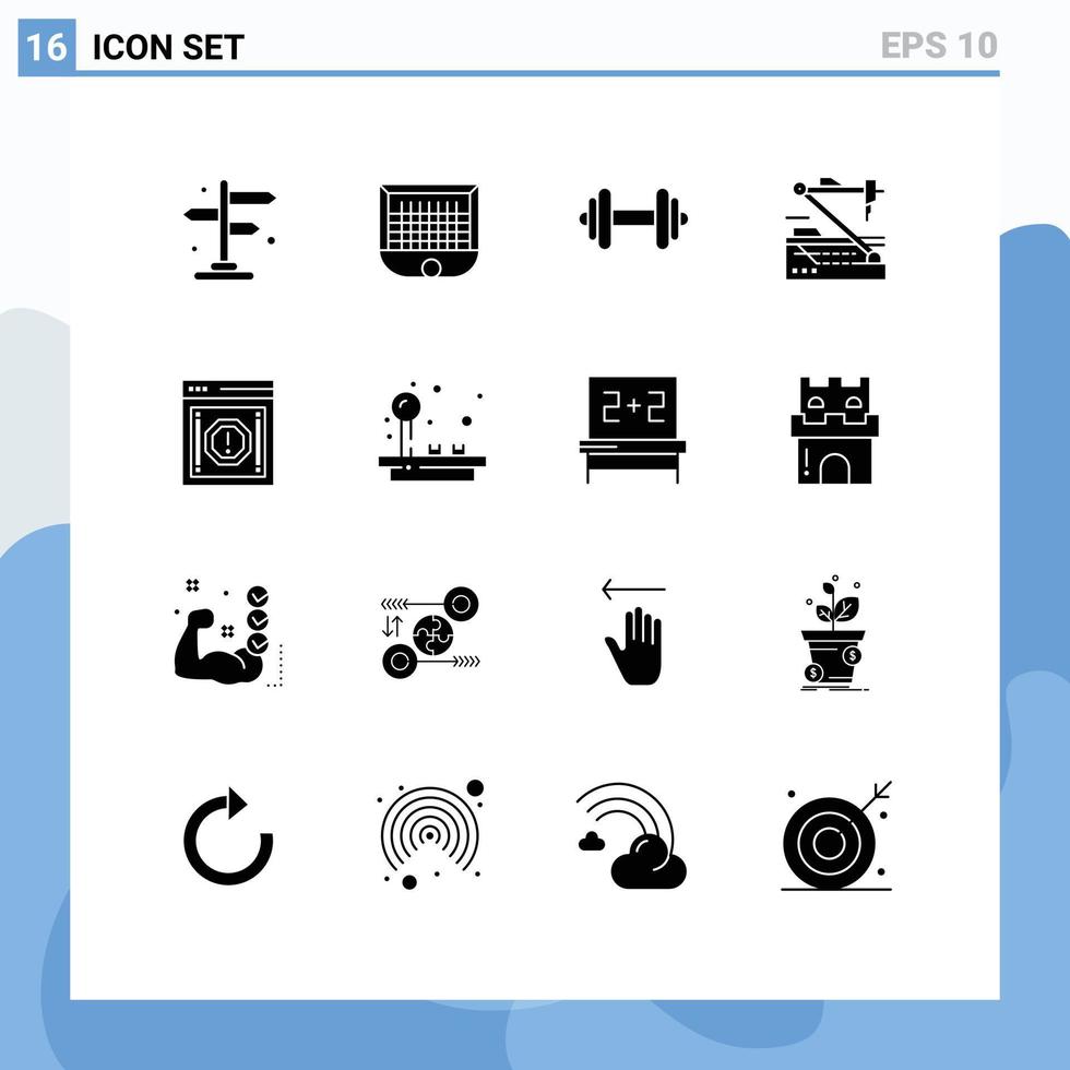 Solid Glyph Pack of 16 Universal Symbols of alert robot dumbbell medicine future Editable Vector Design Elements