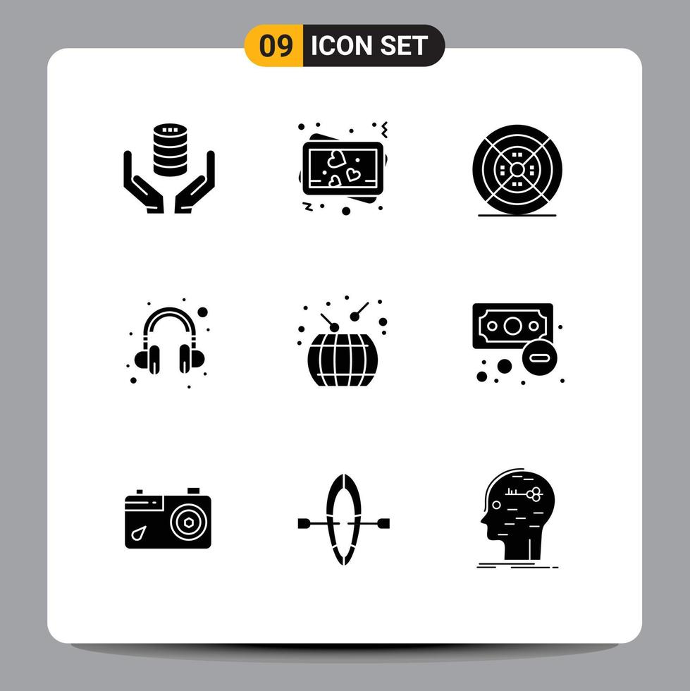 9 Thematic Vector Solid Glyphs and Editable Symbols of chinese new year asian film support headset Editable Vector Design Elements