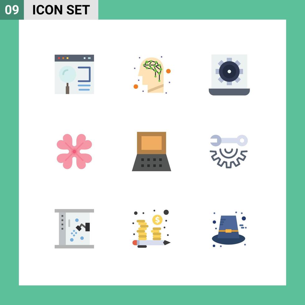 9 Thematic Vector Flat Colors and Editable Symbols of laptop flower computer anemone flower setting Editable Vector Design Elements