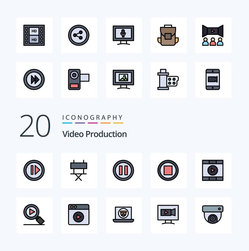 20 Video Production Line Filled Color icon Pack like start media media control music vector